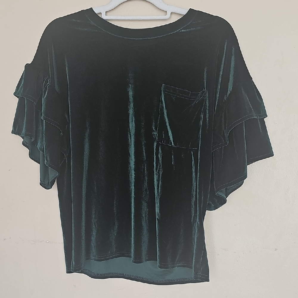 Love Riche Teal Velvet Ruffle Sleeve Tee